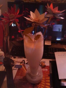 The repurposed coco drink bottle vase w repurposed coffee cups 2 web (2)